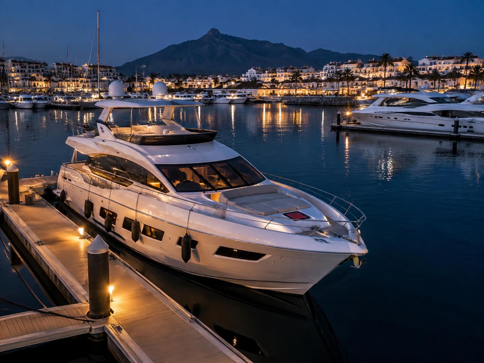 Motor yacht at a marina pontoon at blue hour from the air. (AI-generated image)