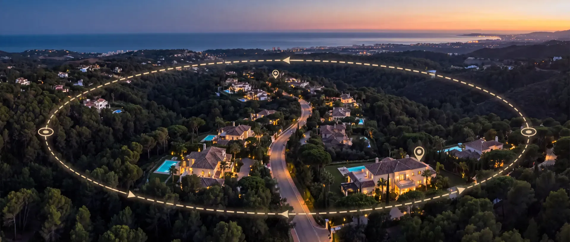 A weatherproof drone docking station open on a terrace of a Mediterranean estate at dusk. (AI-generated image)