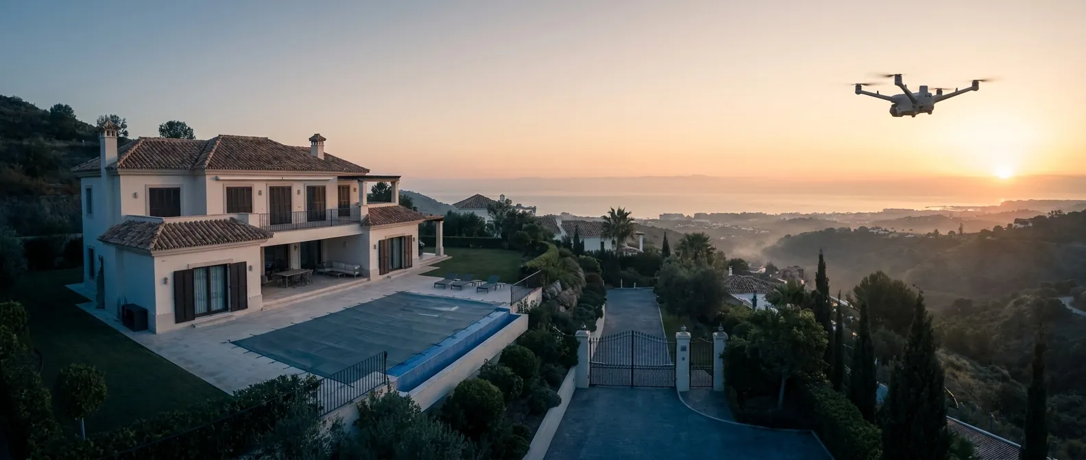 Blue-hour view of a Mediterranean estate with two faint distant drone silhouettes overhead.