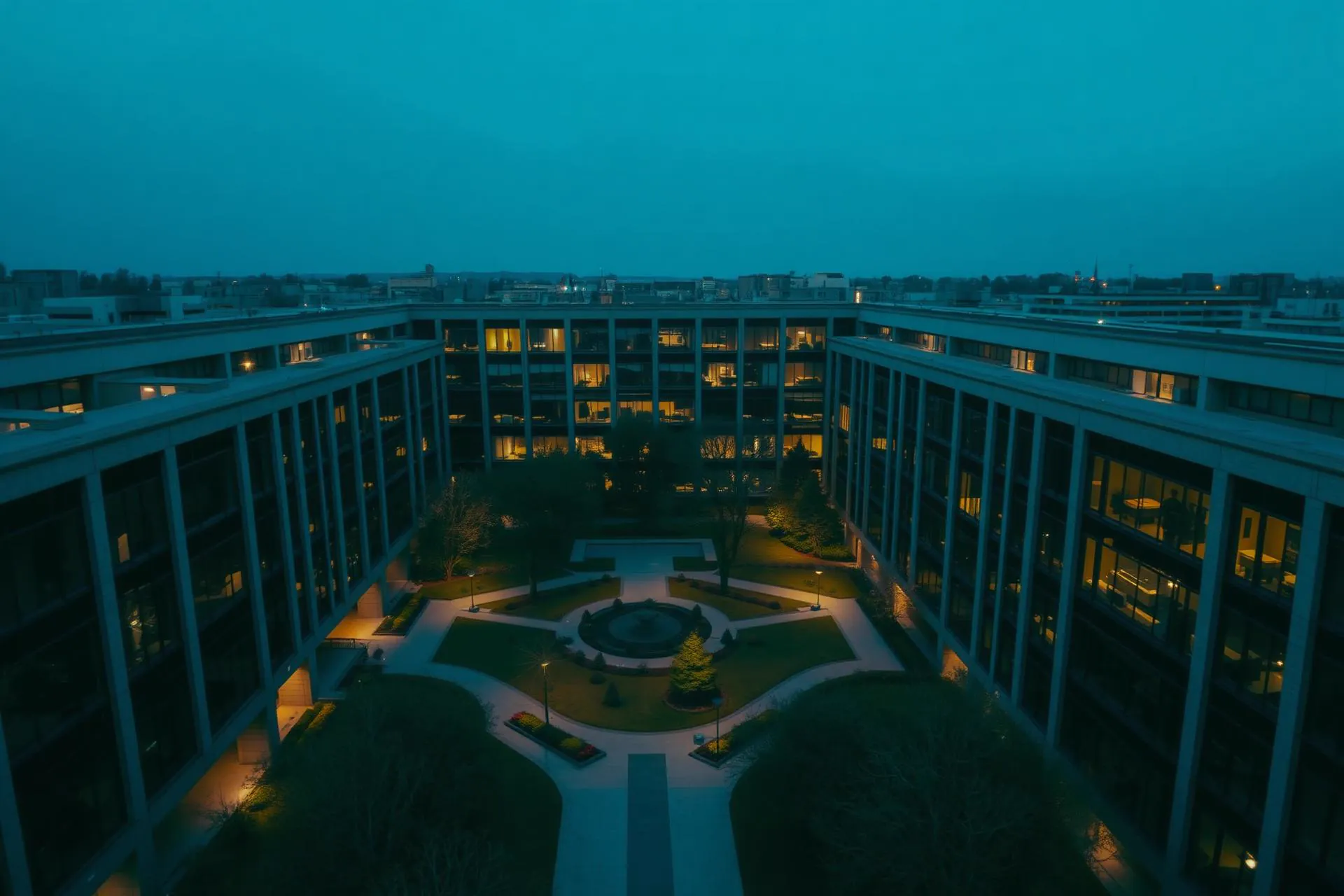 Aerial view at blue hour of a modern corporate campus courtyard with softly lit paths. (AI-generated image)