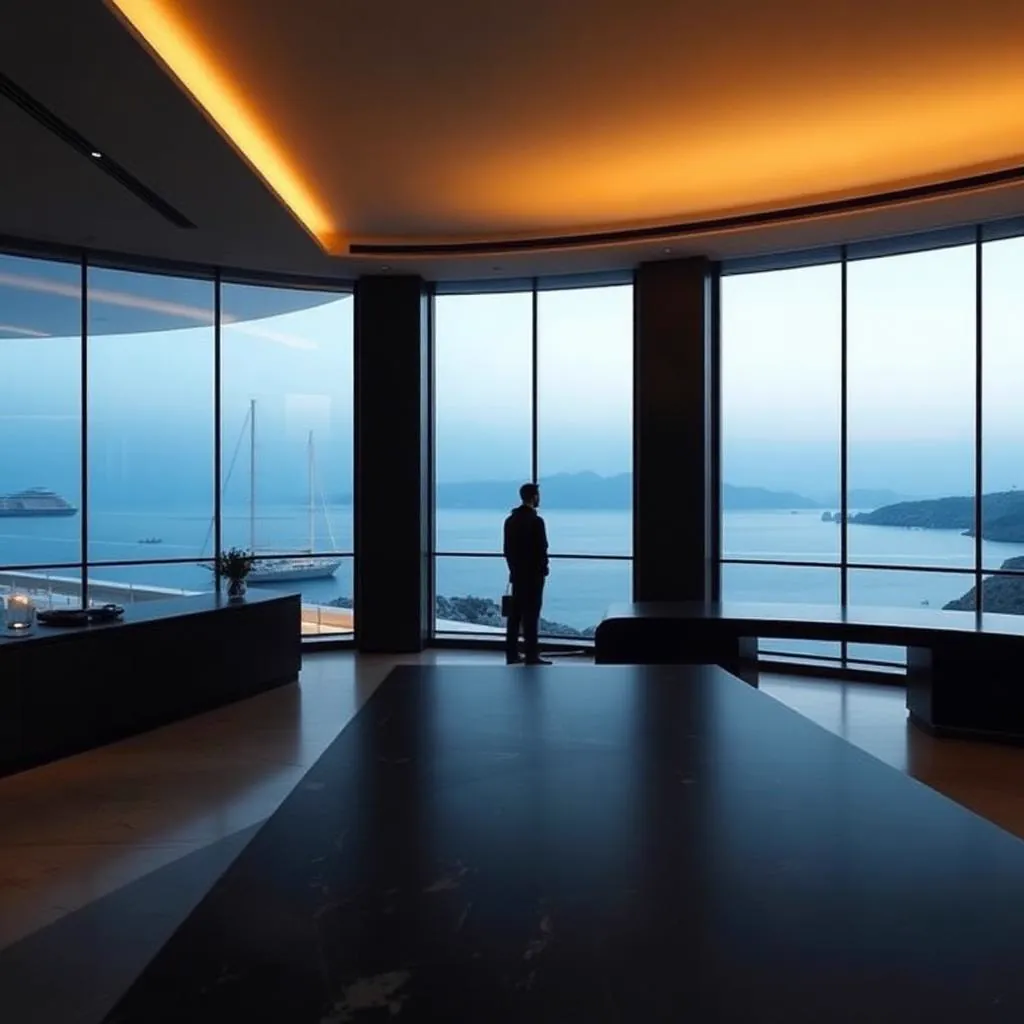 A quiet operations studio at blue hour overlooking the Mediterranean coastline.