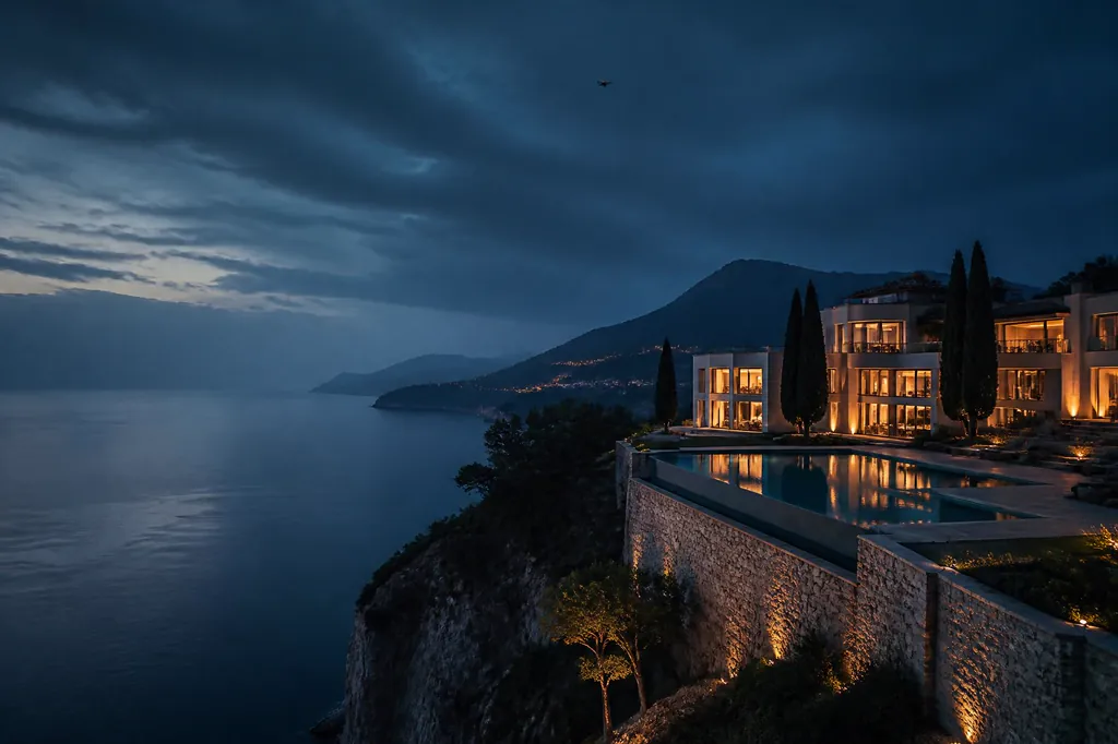 Mediterranean estate at blue hour from the air. (AI-generated image)