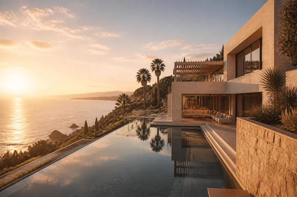 Villa with pool in warm evening light from the air. (AI-generated image)