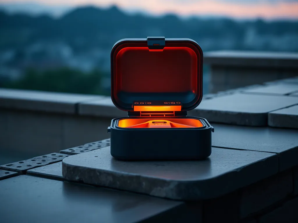 Autonomous docking station with a drone launching in morning light. (AI-generated image)