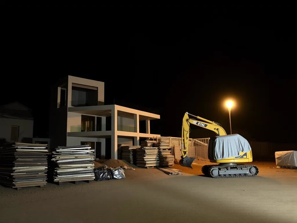 Construction site with material storage and cranes from the air. (AI-generated image)
