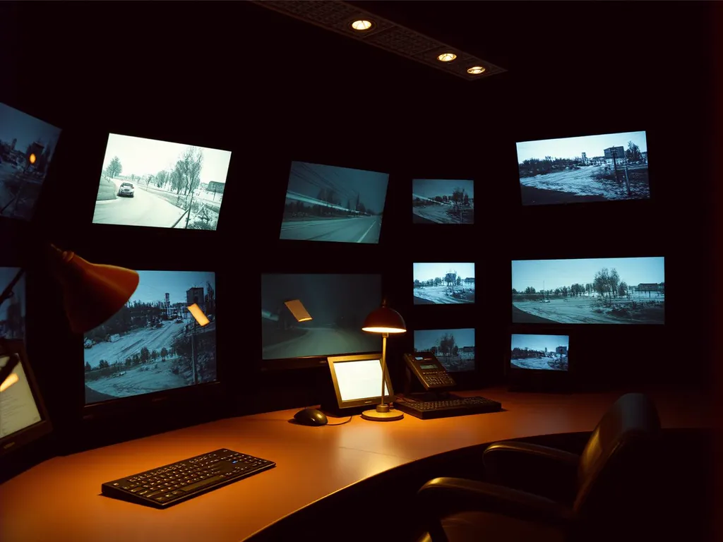 Control-room workstation showing a live aerial feed. (AI-generated image)