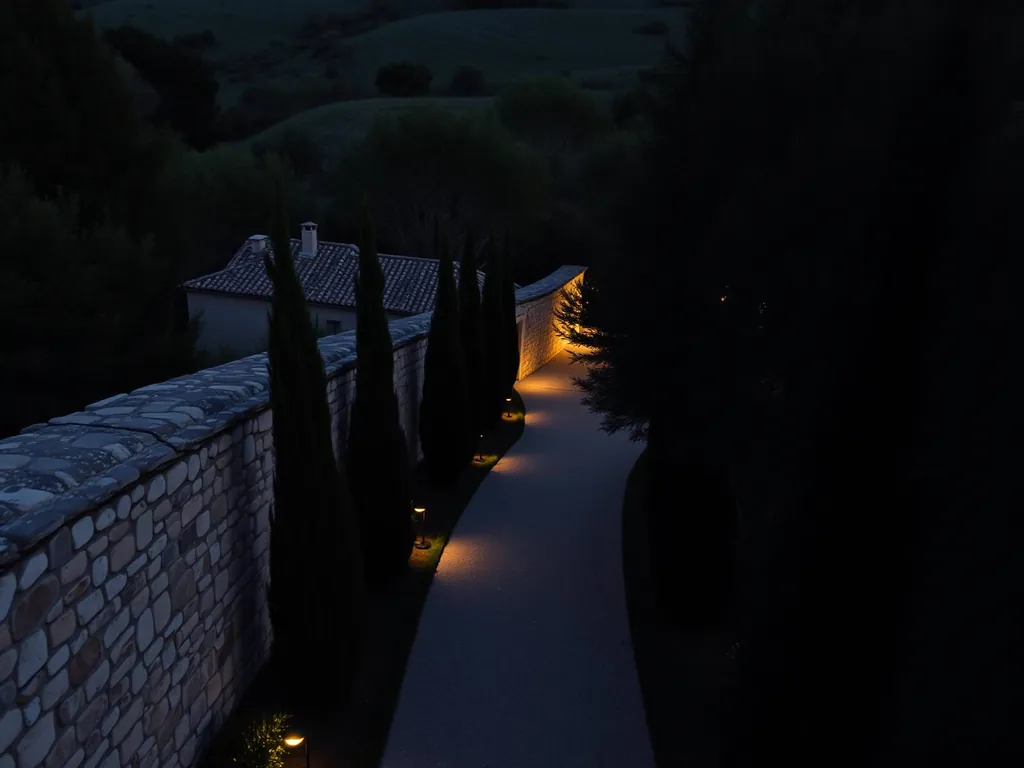 Stone garden wall and cypress-lined path along an estate boundary at dusk. (AI-generated image)