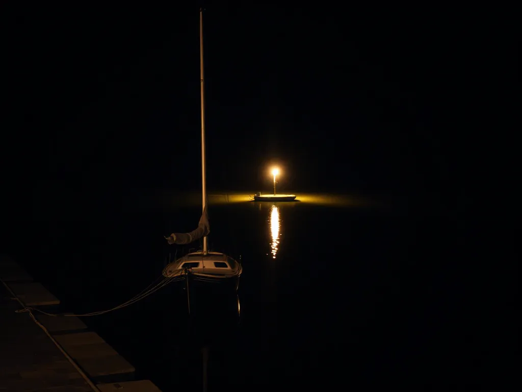 Coastal site at night with a drone above the waterline. (AI-generated image)